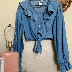Star Cody Vintage Denim Ruffled Tie Denim Crop Top